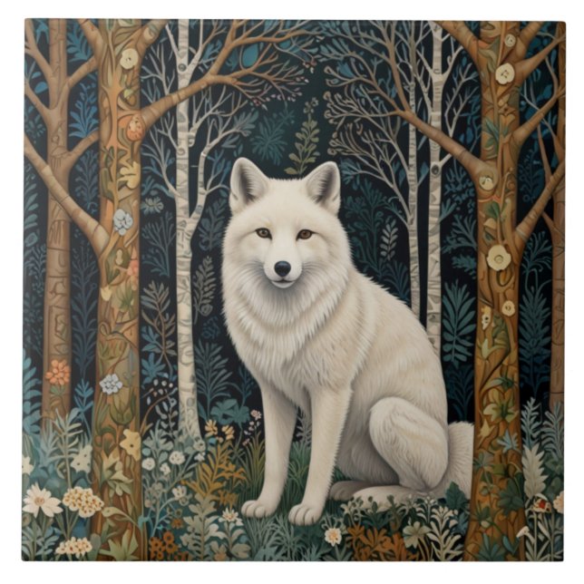 Boho woodland white fox ceramic tile (Front)