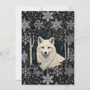 Boho woodland white fox sparkling snowflakes holiday card