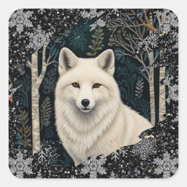 Boho woodland white fox sparkling snowflakes square sticker (Front)