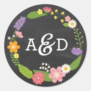Boho Woodland Wreath on Chalkboard Wedding Classic Round Sticker