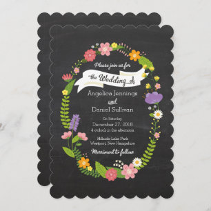 Boho Woodland Wreath on Chalkboard Wedding Invitation