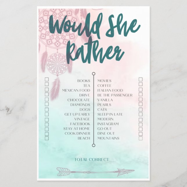 Boho Would She Rather Baby Shower Game Flyer (Front)