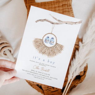 Boho Wreath Baby Boy Blue Tan Baby Shower Invitation