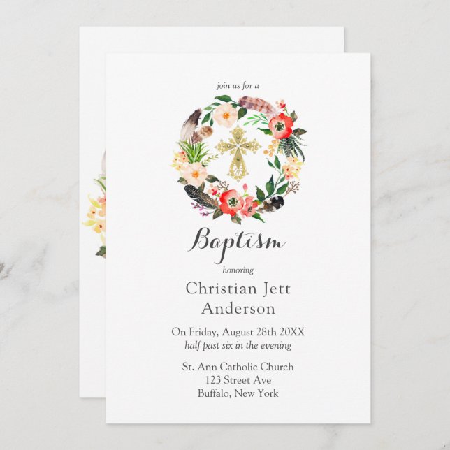 Boho Wreath Gold Cross Baptism Invitation (Front/Back)