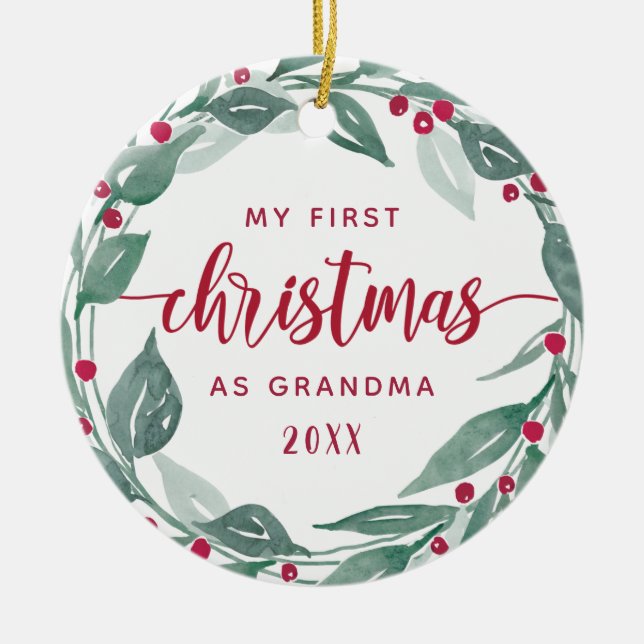 Boho Wreath Grandma First Christmas Photo Ceramic Ornament (Front)