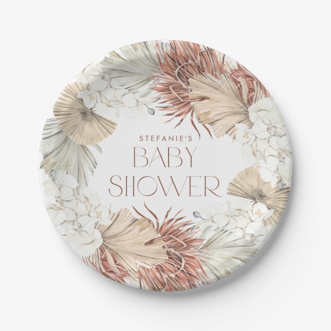 Boho Wreath Palm Leaves and Orchids Baby Shower Paper Plate (Front)
