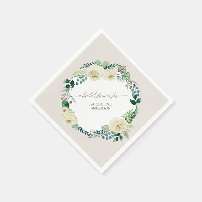 BOHO Wreath Rustic Alabaster Roses Foliage Floral Napkin (Corner)