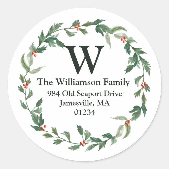 Boho Wreath with Berries & Monogram Address Classic Round Sticker (Front)