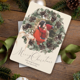 Boho Wreath with Bow Photo Christmas Holiday Card