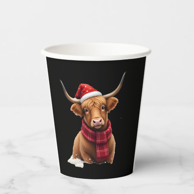Boho Xmas Christmas Highland Cow T-Shirt (1) Paper Cups (Front)