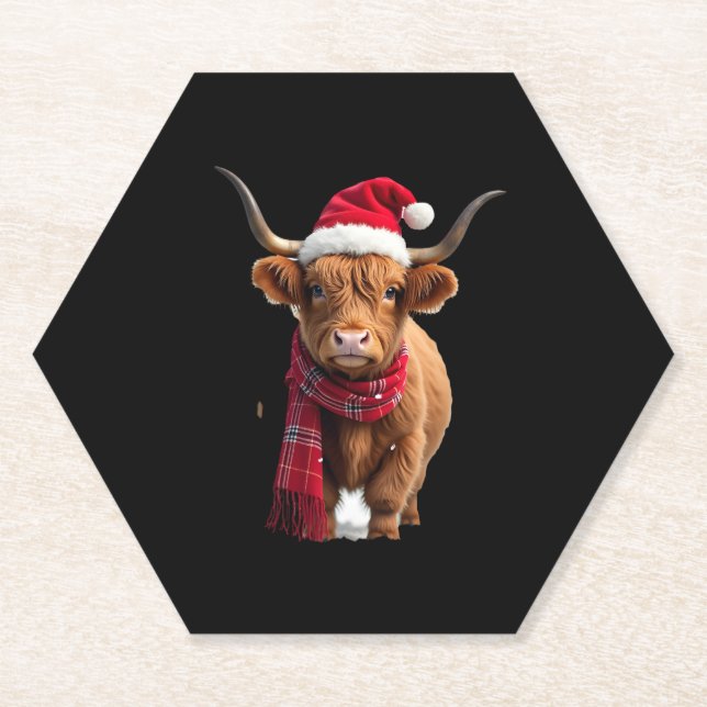 Boho Xmas Christmas Highland Cow T-Shirt (3) Paper Coaster (Front)