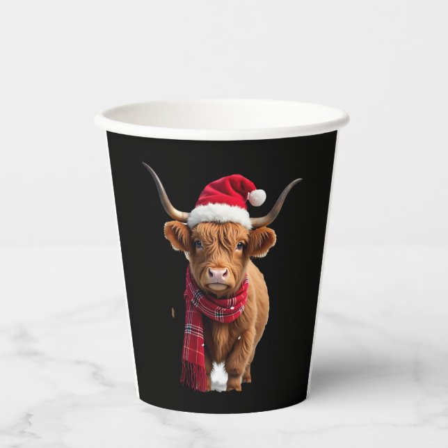 Boho Xmas Christmas Highland Cow T-Shirt (3) Paper Cups (Front)