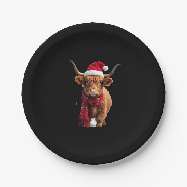 Boho Xmas Christmas Highland Cow T-Shirt (3) Paper Plate (Front)