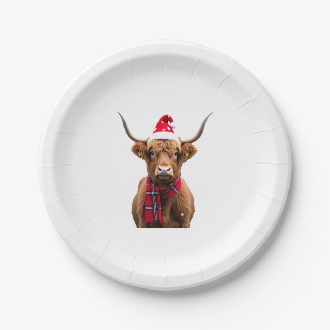 Boho Xmas Christmas Highland Cow T-Shirt (4) Paper Plate (Front)