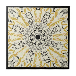 Boho yellow and black mandala design ceramic tile
