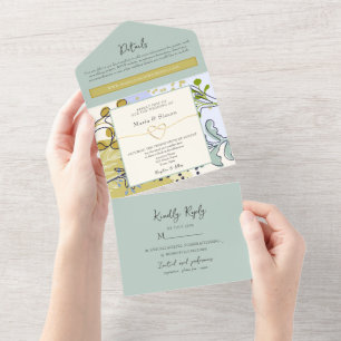 Boho Yellow and Sage Green Wedding All In One Invitation