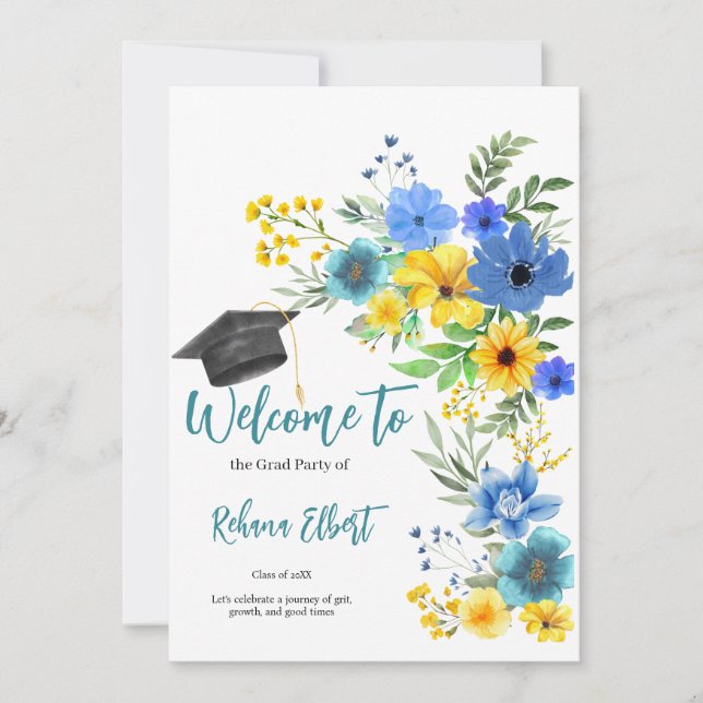 Boho Yellow & Blue Floral Graduation Invitation (Front)