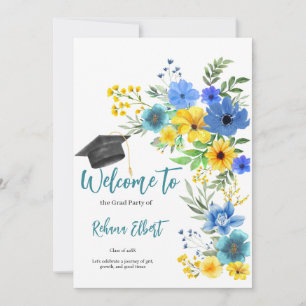Boho Yellow & Blue Floral Graduation Invitation