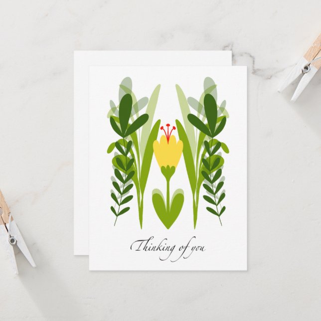 Boho Yellow Flower & Greenery Thinking of You Card (Front/Back In Situ)