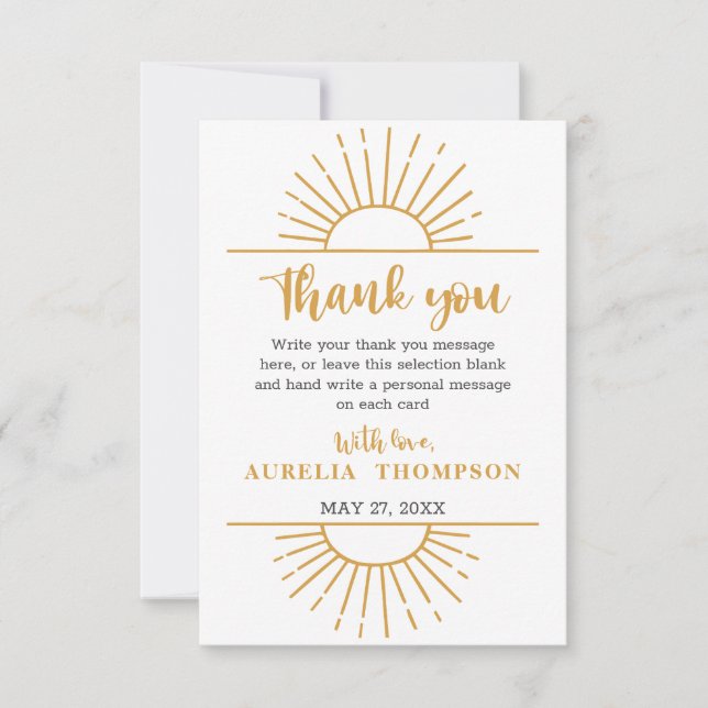 Boho Yellow Little Ray Sunshine On Way Baby Shower Thank You Card (Front)