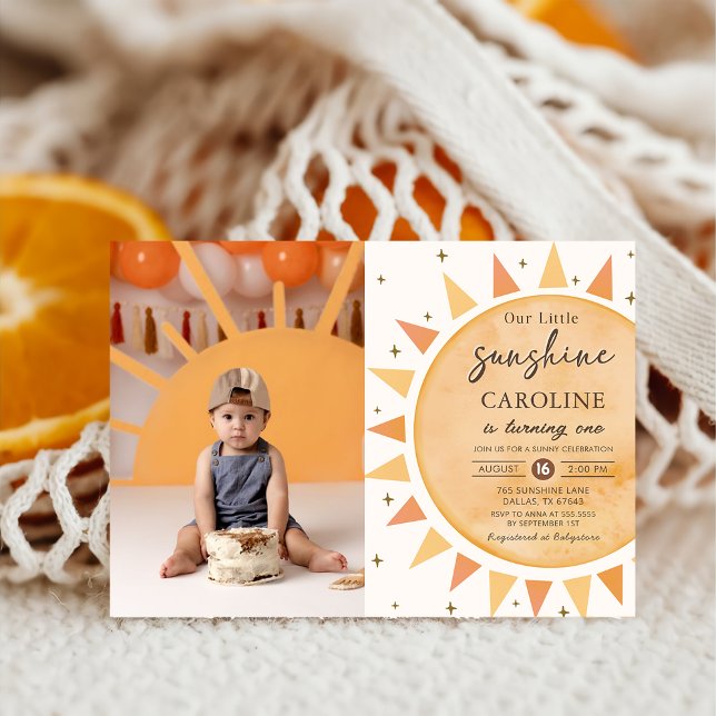 Boho Yellow Little Sunshine Birthday Photo Invitation (Creator Uploaded)