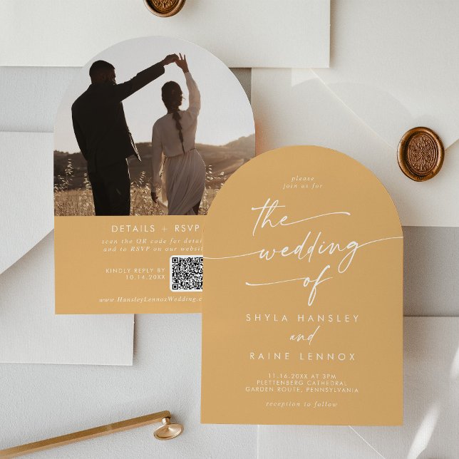 Boho Yellow Marigold Photo QR Code Arch Wedding Invitation (Creator Uploaded)