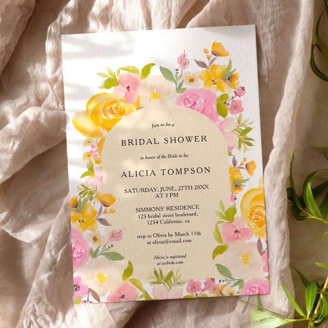 Boho Yellow pink floral arch chic bridal shower Invitation (Boho Yellow pink floral arch chic bridal shower Invitation)