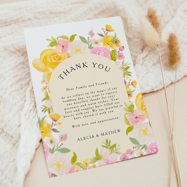 Boho yellow pink floral rustic Wedding Thank You Card (Boho yellow pink floral rustic Wedding Thank You Card)
