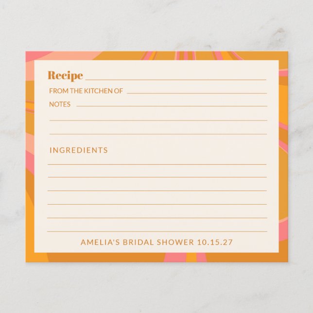 Boho Yellow Pink Marble Bridal Shower Recipe Card (Front)