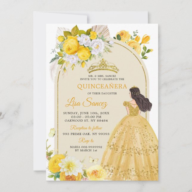 Boho Yellow Princess Mis Quince Anos Invitation (Front)