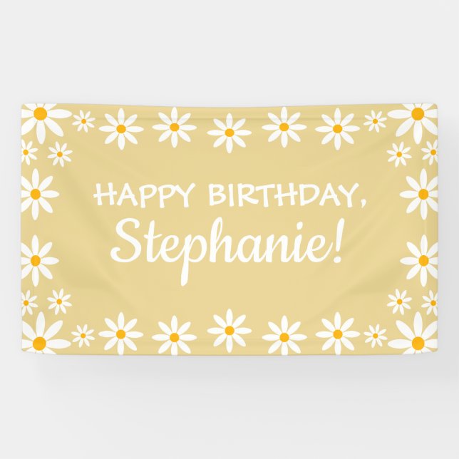 Boho Yellow Sand Retro Daisies Birthday Party  Banner (Horizontal)