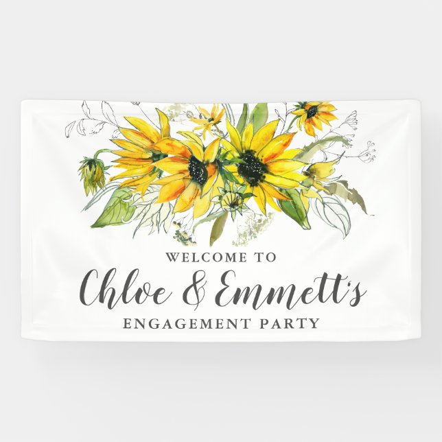 Boho Yellow Sunflower Floral Engagement Party Banner (Horizontal)