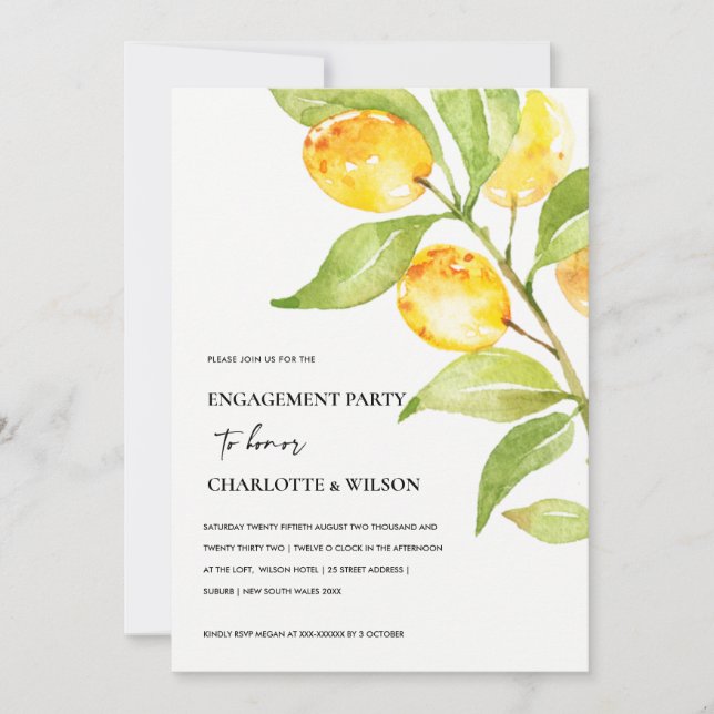 BOHO YELLOW WATERCOLOUR FOLIAGE OLIVE ENGAGEMENT INVITATION (Front)
