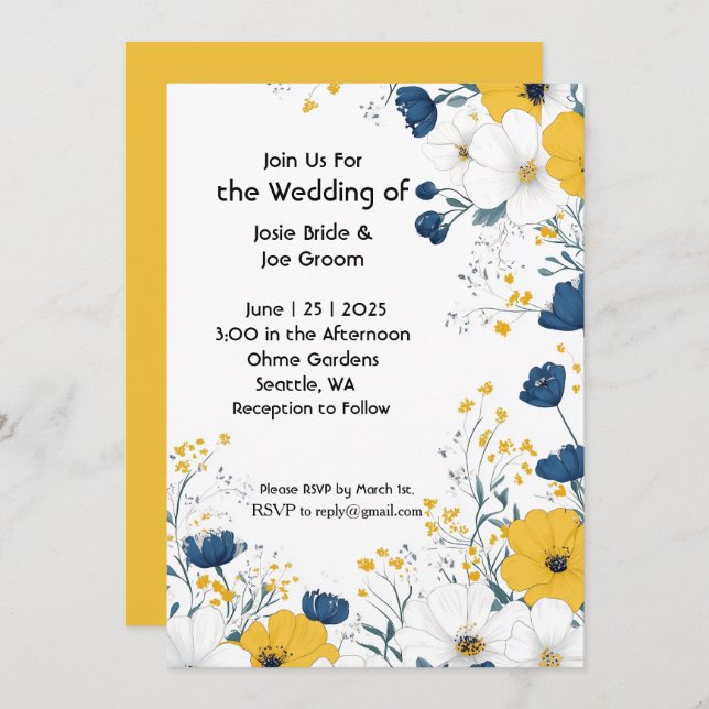 Boho yellow white flowers wedding invitation (Front/Back)