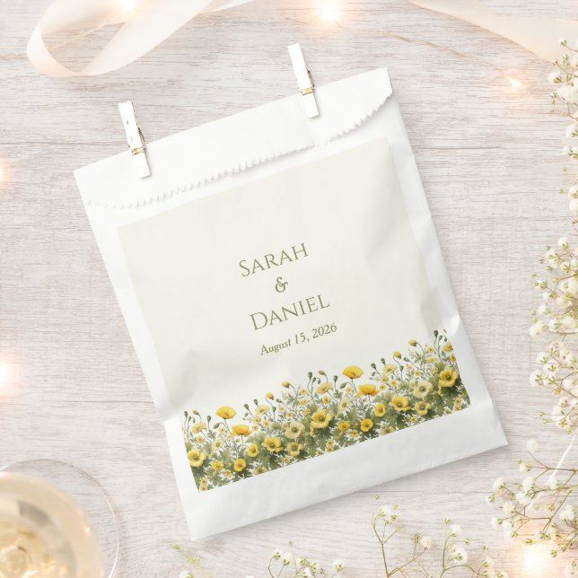 Boho Yellow Wildflowers, Olive Thank You Wedding Favour Bag (Clipped)