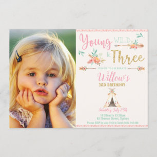 Boho Young Wild and Three 3rd Birthday Girl Photo Invitation