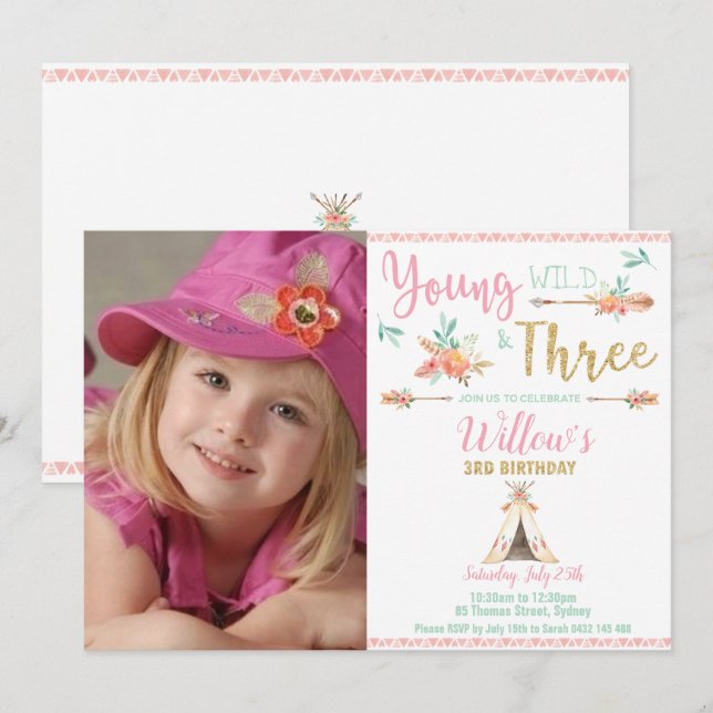 Boho Young Wild and Three 3rd Birthday Girl Photo Invitation (Front/Back)