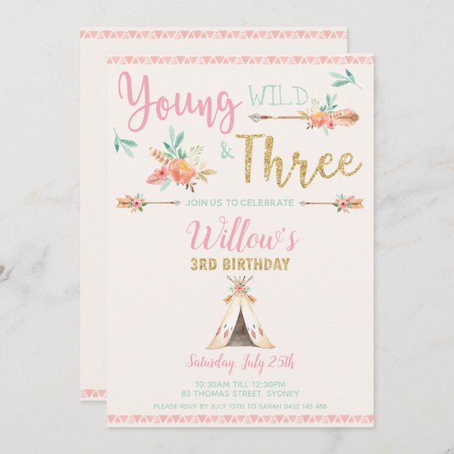 Boho Young Wild and Three 3rd Birthday Party Girl Invitation (Front/Back)