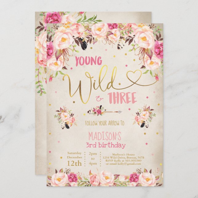 Boho Young Wild And Three Birthday Invitation (Front/Back)