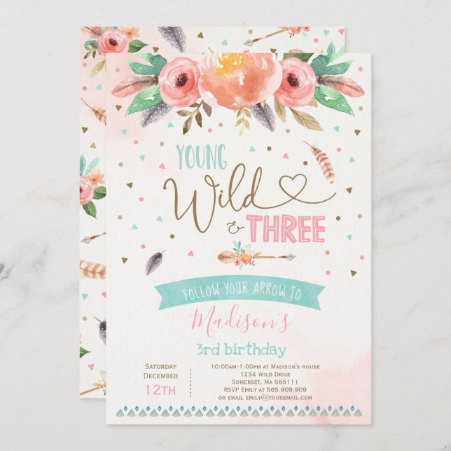 Boho Young Wild And Three Birthday Invitation (Front/Back)