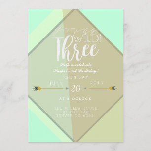 Boho Young Wild & Three   3rd Birthday Party Invitation