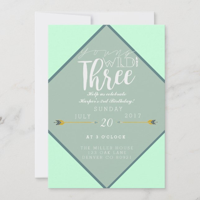 Boho Young Wild & Three | 3rd Birthday Party Invitation (Front)