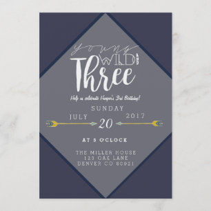 Boho Young Wild & Three   3rd Birthday Party Invitation