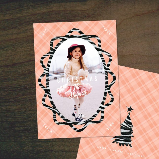 Boho Zebra & Plaid Oval Photo Christmas Holiday Card (Creator Uploaded)