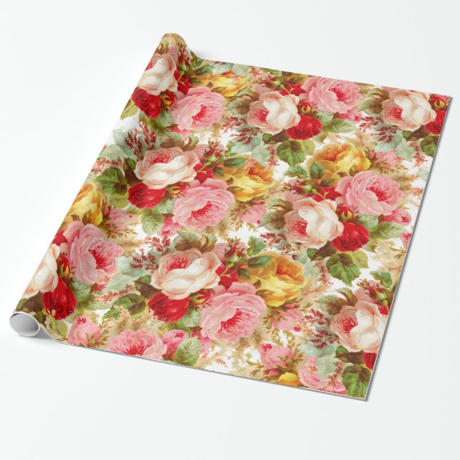 Bohomien pink yellow red roses floral pattern wrapping paper (Unrolled)