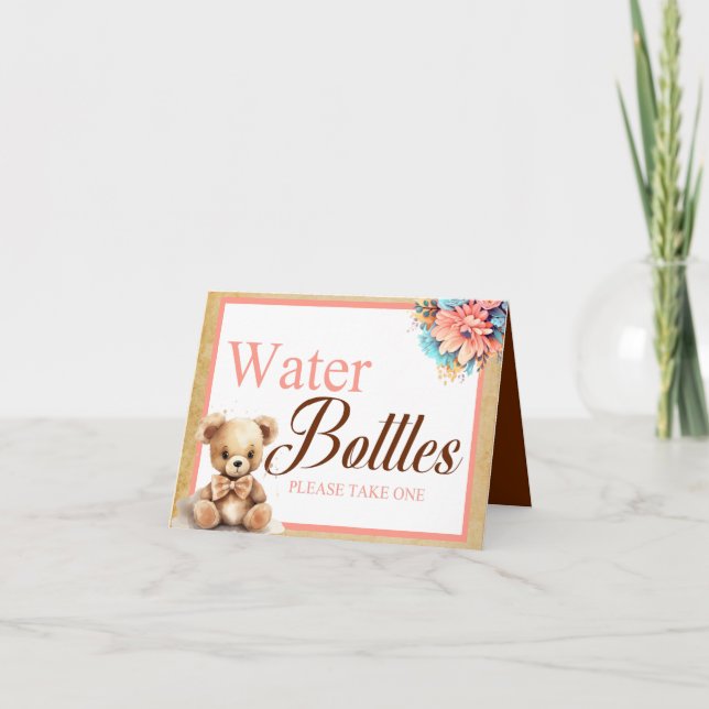 BohoPink Bear Baby Shower Water Bottle Table Card (Front)