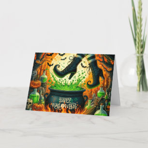 Boiling Cauldron and Witches Feet Halloween Holiday Card
