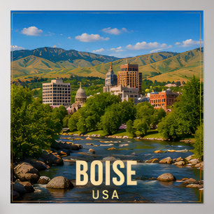 Boise Idaho River Mountain Travel Souvenir Poster