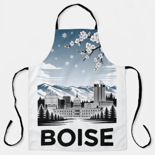 Boise Skyline Black and White Woodcut Winter  Apron