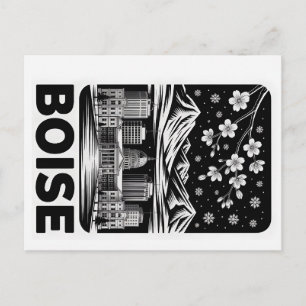 Boise Skyline Black and White Woodcut Winter  Postcard